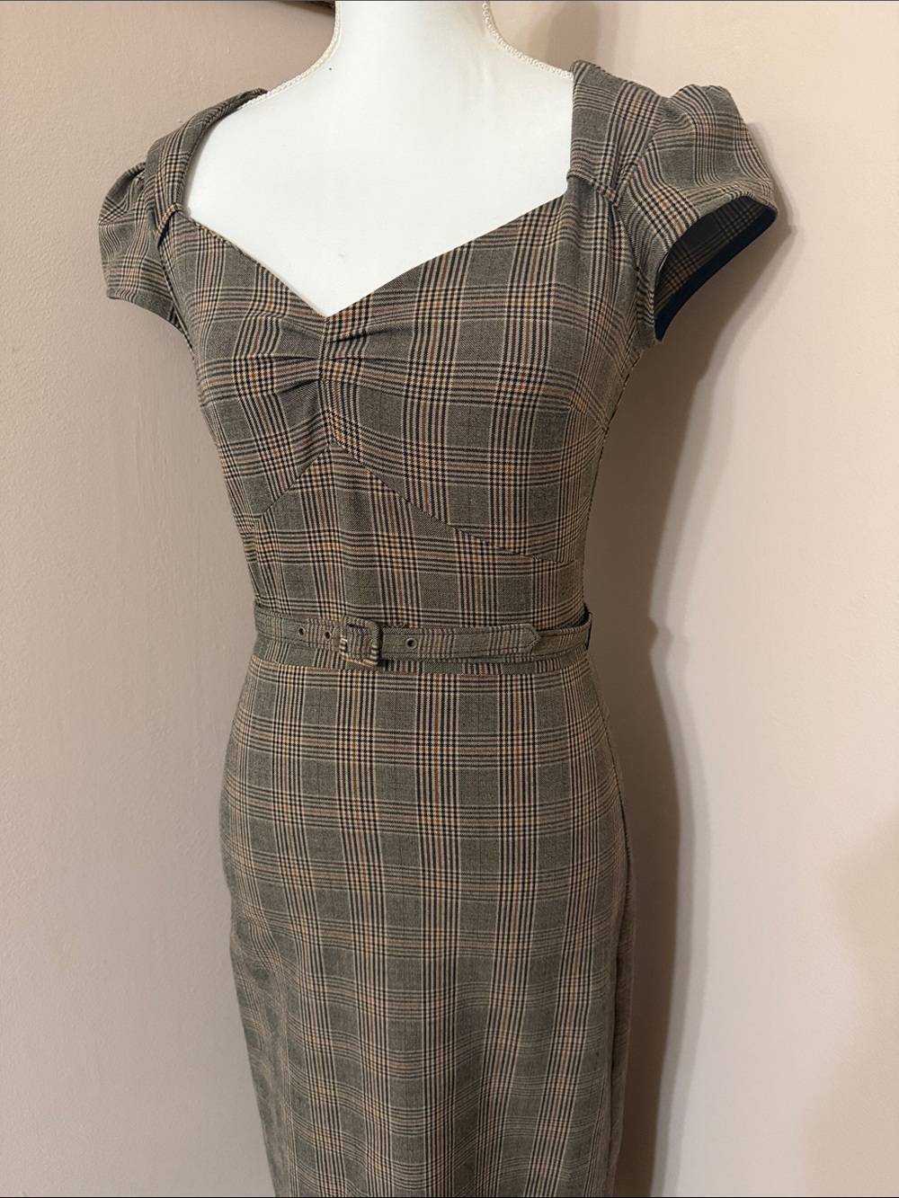 Stop Staring vintage retro pinup Brown Plaid Midi Sheath Dress with Belt